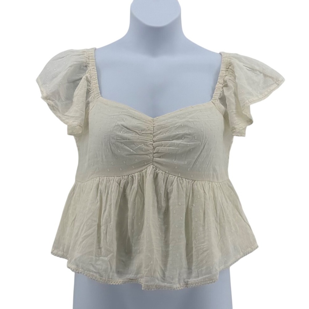 Midnight Sky 100% Cotton Top Women Large Cream Flutter Sleeve Peplum Cottagecore